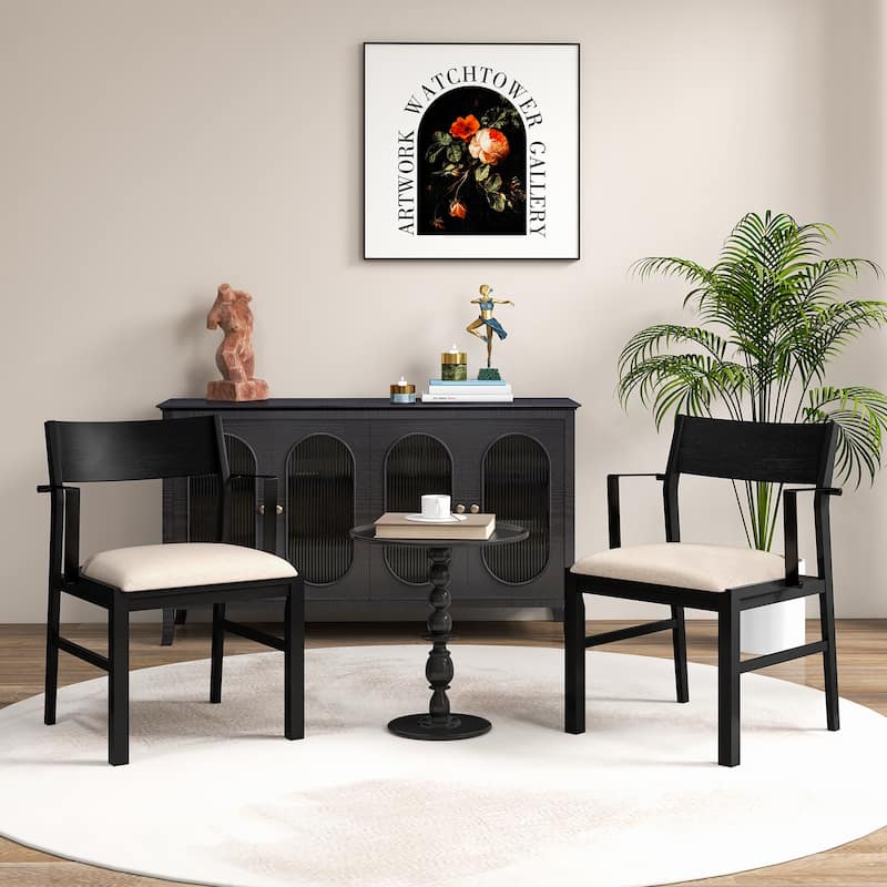 Set of 2 Dining Chairs with Rubber Wood Legs and Linen Upholstery Thick Cushion Metal Armrests - 23.5"L x 23"W x 33"H