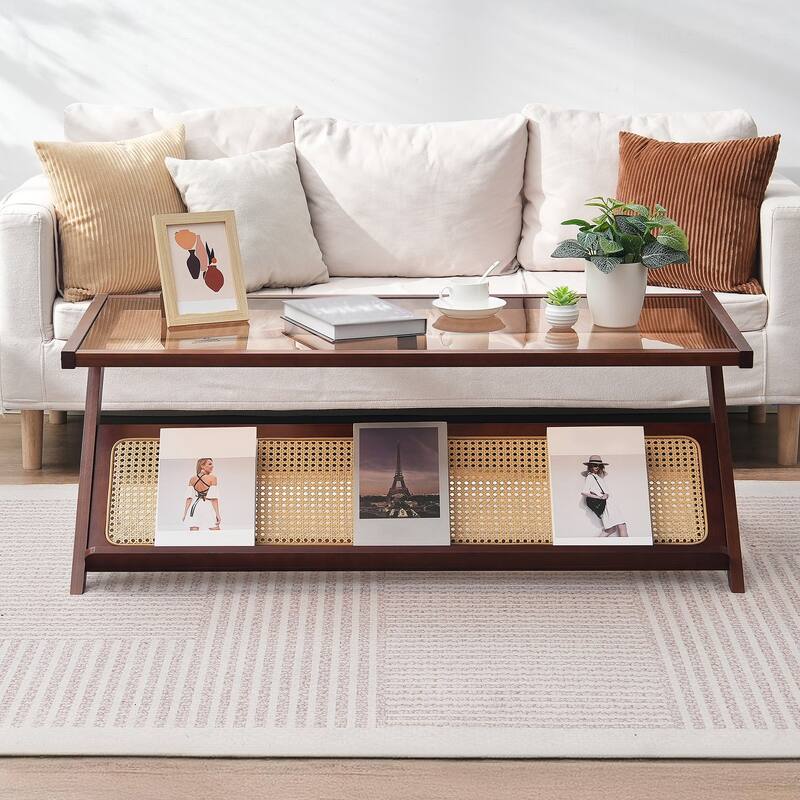 47-Inch Z-Shaped Rattan Woven Coffee End Table with Removable Glass Top Suitable for Any Small Space - 47.2” x 22” x 17.1”