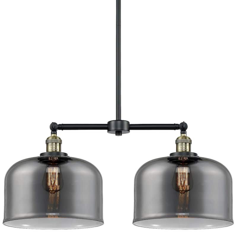 Innovations Lighting X-Large Bell 2 Light 21" Wide Linear Chandelier - Black / Antique Brass / Plated Smoked
