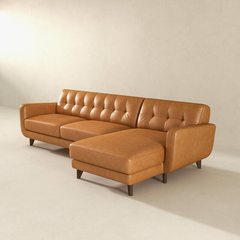 Left-Facing Tan Leather Sectional Sofa