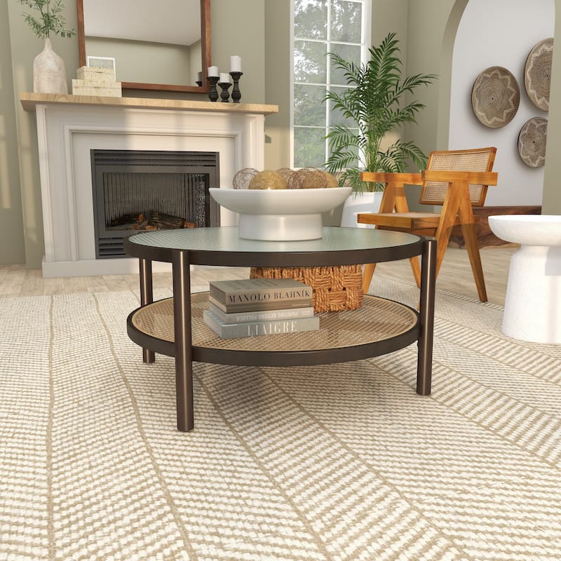 Rattan Living Room Coffee Table with Pressed Tempered Glass Top - Brown - Roche River Decor