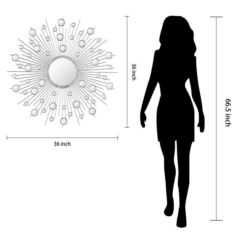 "Milkyway I" Bling Round Wall Mirror with Silver Metal Frame, Decorative Mirror - 36 x 36