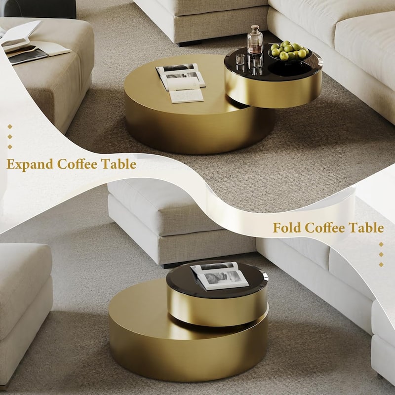 Luxury Round Coffee Table with 2 Tier Rotatable Top Circle Coffee Table with 360° Swivel Top for Living Room Apartment