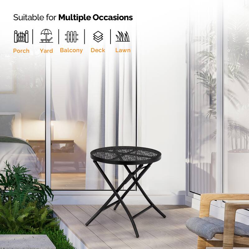 Black Iron Folding Patio Side Table with Flower Cutout Design - 18.1 x 18.1 x 18.7 in