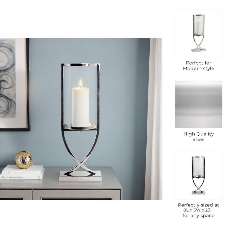 Modern Glass Pillar Candle Holder Decorative Lantern with Steel Frame