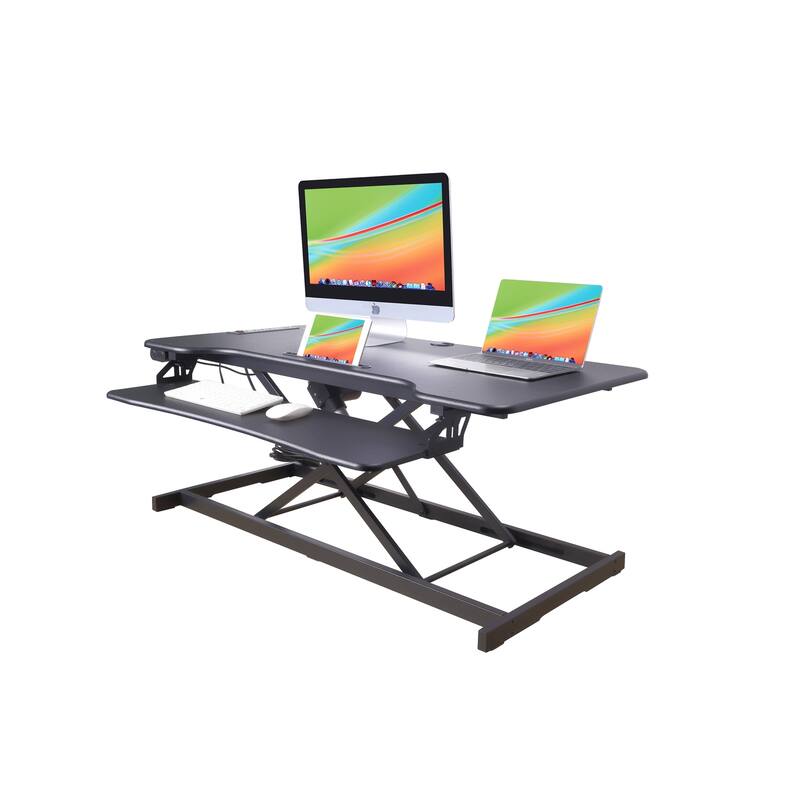 Rocelco 46 in. W Black Electric Standing Desk Converter with AC Outlet, USB Charger and Triple Monitor Riser Platform