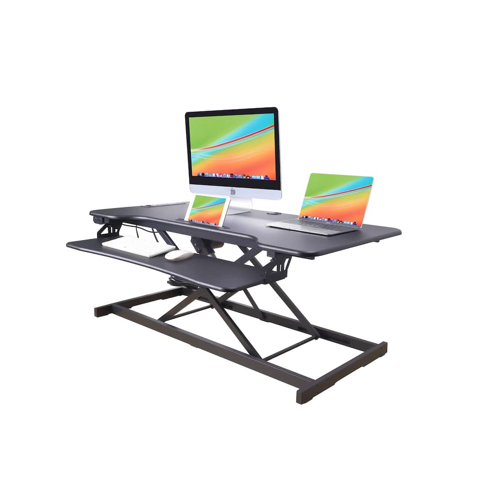 Rocelco 46 in. W Black Electric Standing Desk Converter with AC Outlet, USB Charger and Triple Monitor Riser Platform