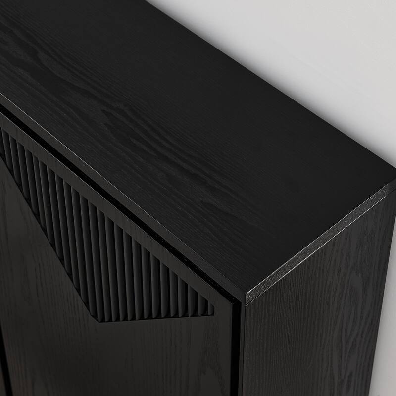 V-Shaped Fluted Storage Cabinet, Multi-Functional Narrow Side Cabinet, Wood Buffet Cabinet with 2 Doors & 2 Outlet Holes