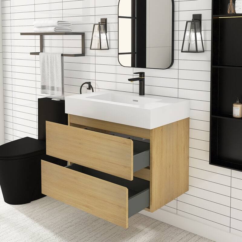 24/30/36 inch Wall-Mounted Bathroom Vanity Set in Oak with Integrated Resin Sink