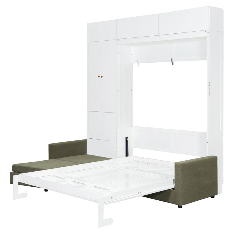 Roomfitters Queen Size Murphy Bed with Sofa and Shelves, Foldable Wall Bed with Storage Cabinet