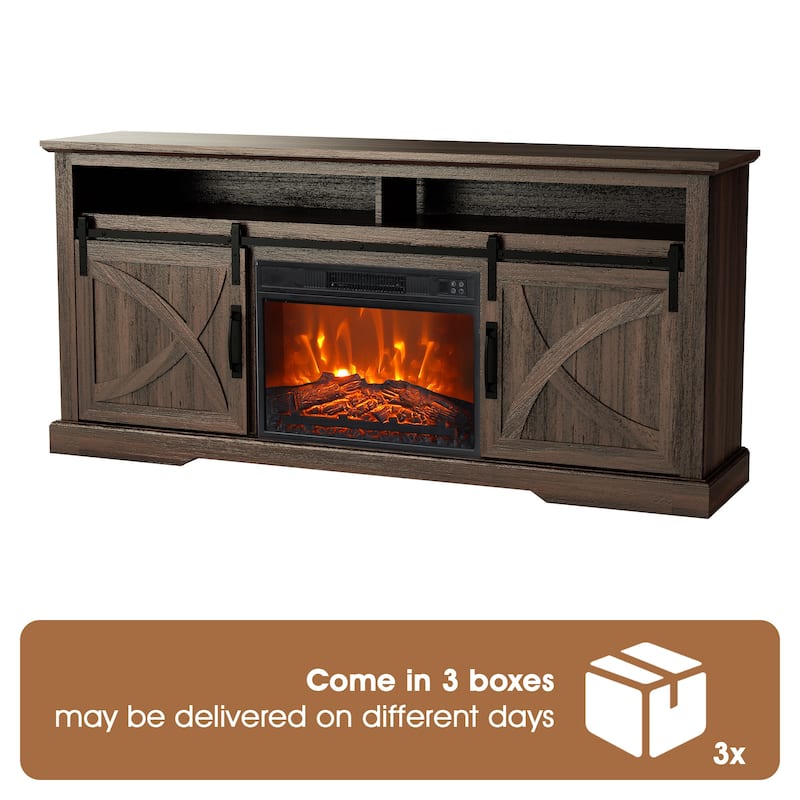 68" Farmhouse Sliding Barn Door Fireplace TV Stands Console Table with 23" Electric Fireplace