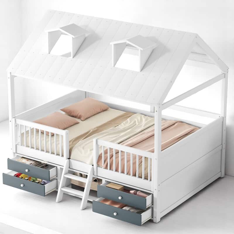 Twin/Full Size Wooden House Bed Frame with Skylight Roof, Drawers, Shelves and Ladder - White - Full