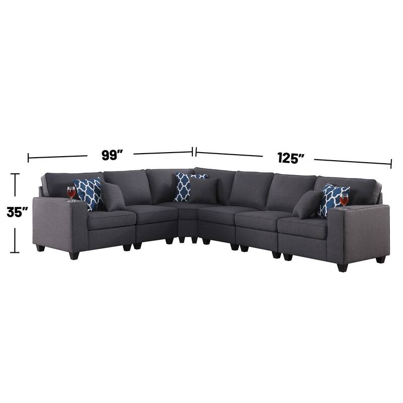 6 Piece Upholstered L-Shape Sectional Sofa in Dark Gray