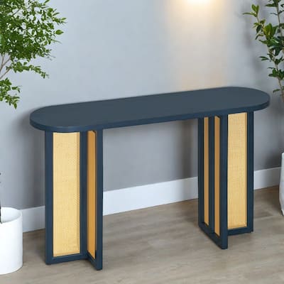 47.8" Solid Wood Farmhouse Oval Console Table With Rattan Woven Legs (220lb Capacity)