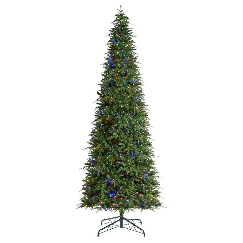 Glitzhome 11ft Pre-Lit Green Slim Fir Artificial Christmas Tree with 850 LEDs & 9 Light-Modes
