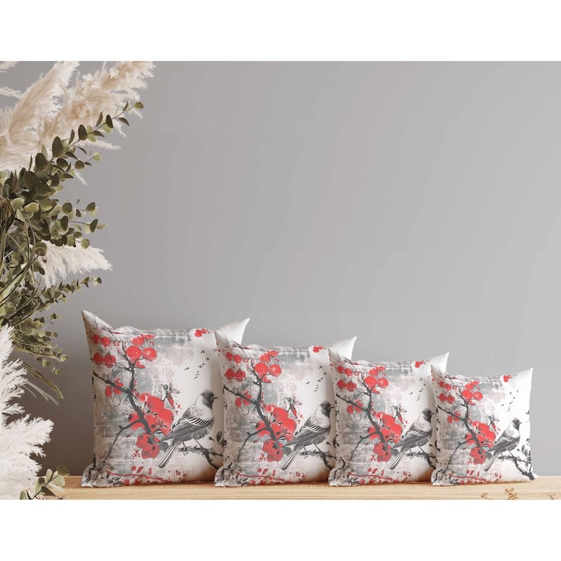 Winter Plum Song Indoor/Outdoor Reversible Throw Pillow Gray and Red