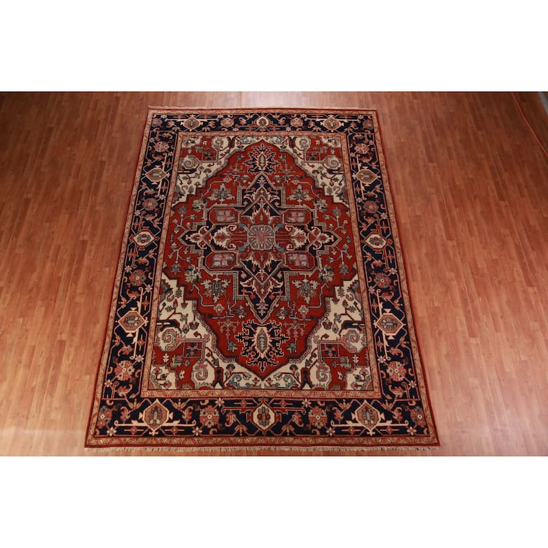Geometric Red Heriz Serapi Oriental Area Rug Handmade Red Wool Carpet - 8'10" x 12'0"