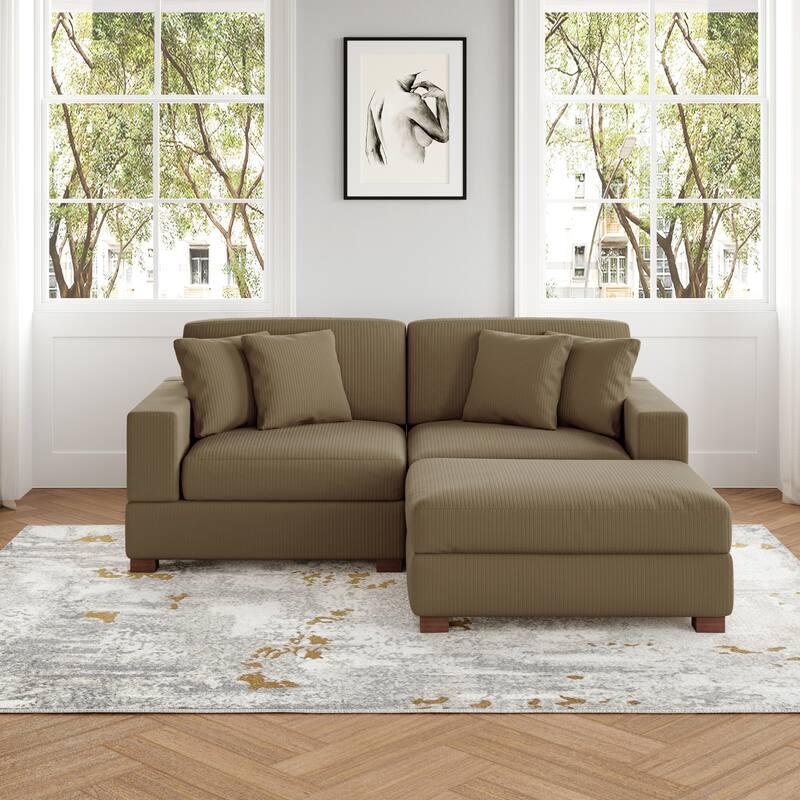 Ella 82" W/ 118" W Corduroy Modular Sectional Sofa with Ottoman - 3-Piece Camel