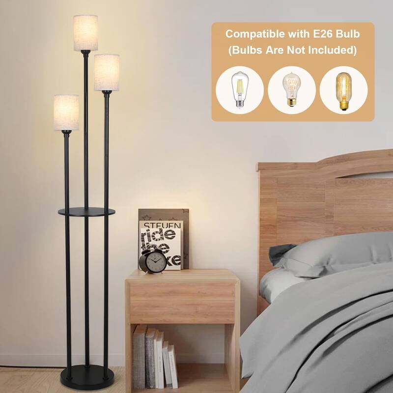 Floor Lamp with Shelves, 3-Lights Standing Lamp with Linen Shade and Foot Switch - 10.2"(L)x10.2"(W)x66.1"(H)