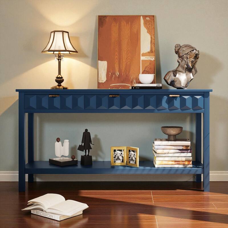 60'' Fir Veneer Console Table with Honeycomb-Patterned Drawers, 3 Storage Drawers and Open Shelf Entryway Table - Navy Blue