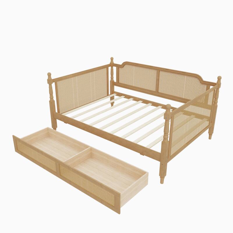Rattan Bed Frame French Provincial Daybed with Solid Pine Wood and Large Storage Drawers, Easy Assembly, No Box Spring Required