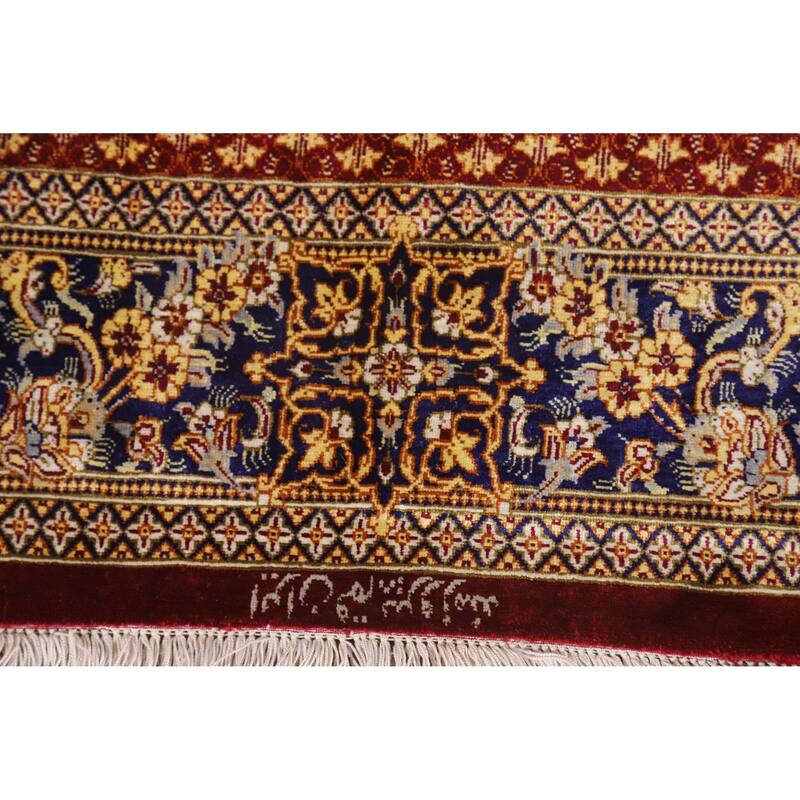 Hand Knotted Oriental Silk Carpet Traditional Floral Red Qum Area Rug - 4' 10'' X 3' 3''