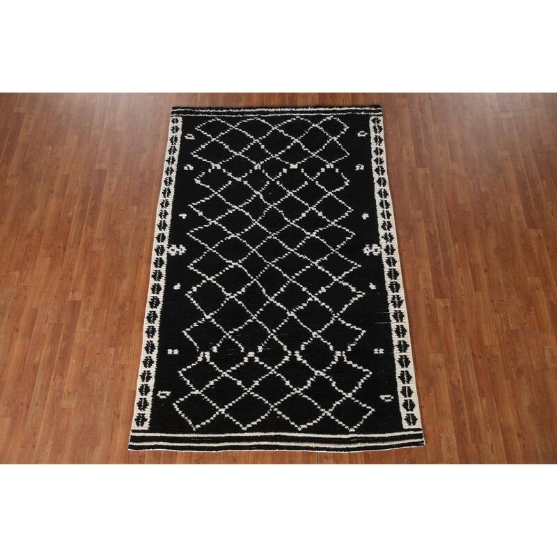 Black Plush Moroccan Indian Area Rug Hand-Knotted Wool Carpet - 5'2"x 8'1"