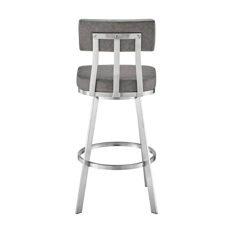 Poni 30 Inch Swivel Barstool Chair, Cushioned Seating, Gray Faux Leather