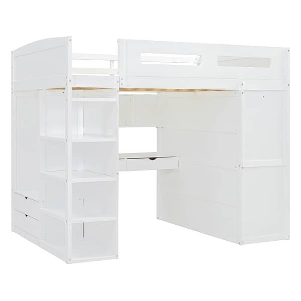 slide 2 of 20, Full Size Loft Bed with Desk, Wardrobes, 4 Drawers & 4 Shelves, White White - Full
