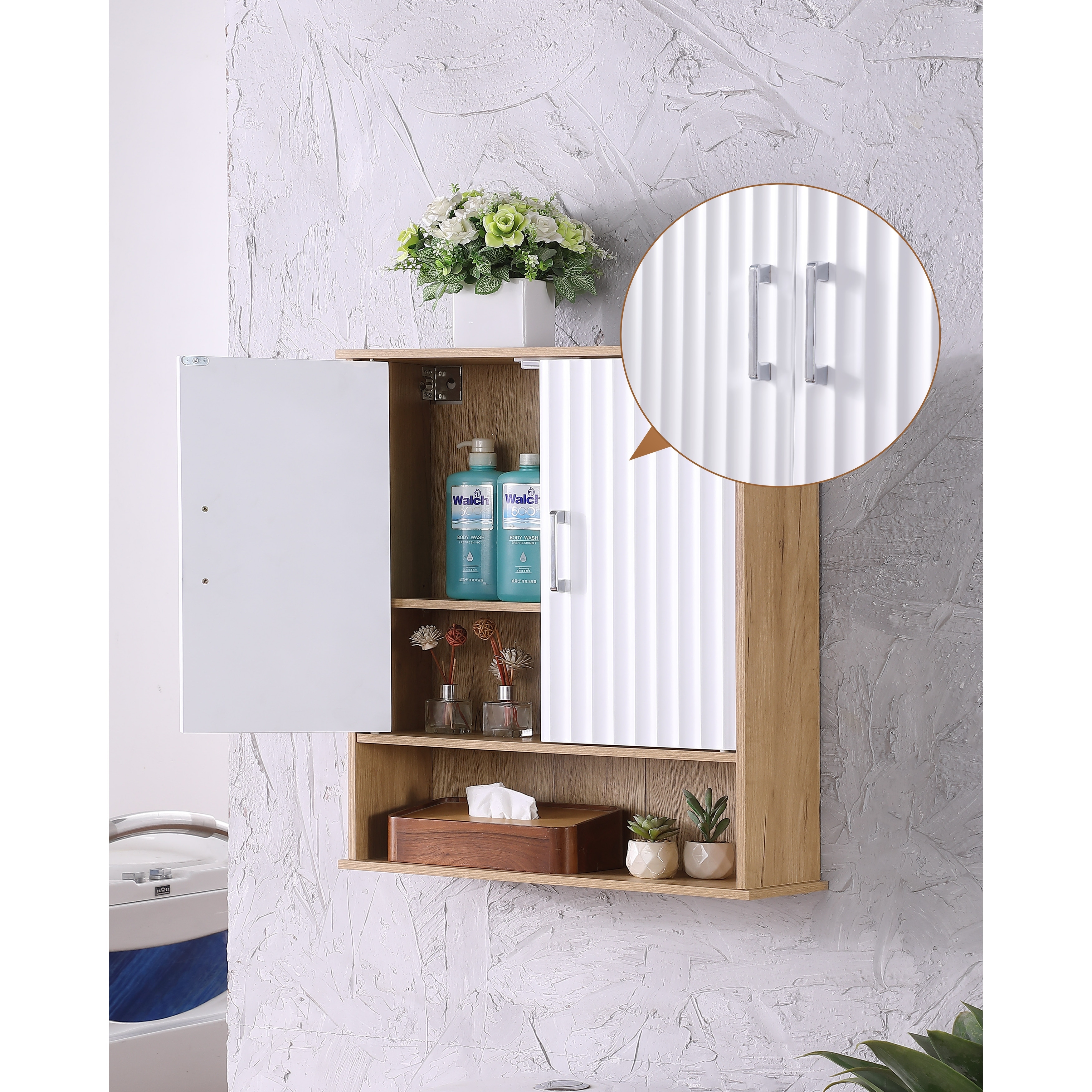 Wall Mounted Bathroom Cabinet with Wave-Pattern Doors, Bathroom Wall Storage Cabinet with Adjustable Interior Shelf