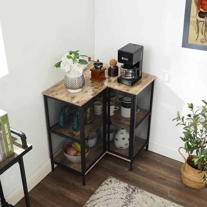 VECELO L-Shaped 3-Tier Corner Cabinet 29.4" End Table with Mesh Doors and Storage Shelves 90° Angle Design Free-Standing Table