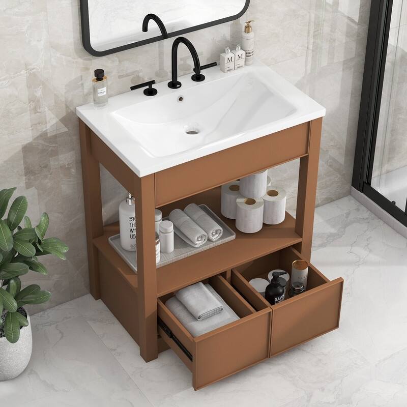 30" Bathroom Vanity with Sink Top, Open Storage Shelf and Two Drawers