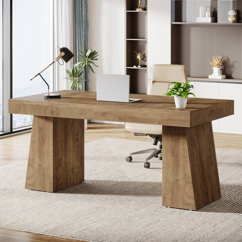 55 Inches Modern Executive Desk, Wood Computer Desk, Business Workstation Desk - Light Brown