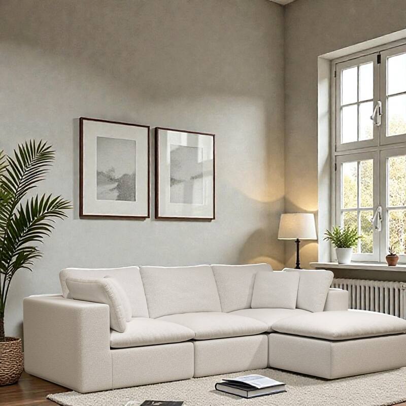 108.3" Modular Sectional Sofa with Chaise, Plush Corduroy Cloud Couch, No Assembly Required, 4-Seat - White