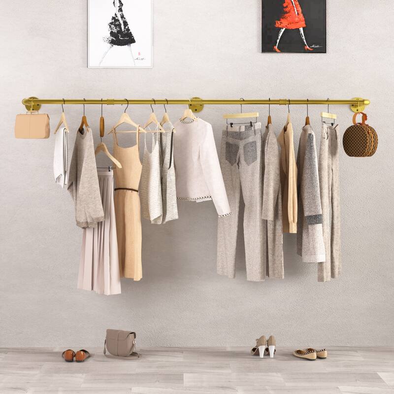 70.8'' Long Industrial Pipe Wall Mounted Clothes Rail Rack Hanging Bar - Golden