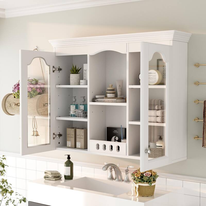 Roomfitters Wall Mounted Medicine Cabinet, Bathroom Cabinet with 2 Glass Doors, Over Toilet Storage Organizer, White