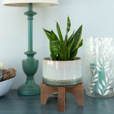 Lava Ceramic and Wood 7-inch Mid-century Planter Stand