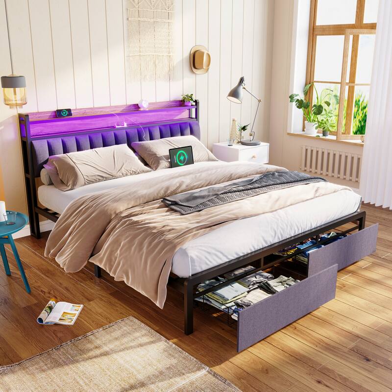 Bed Frames with Storage Headboard and Drawers