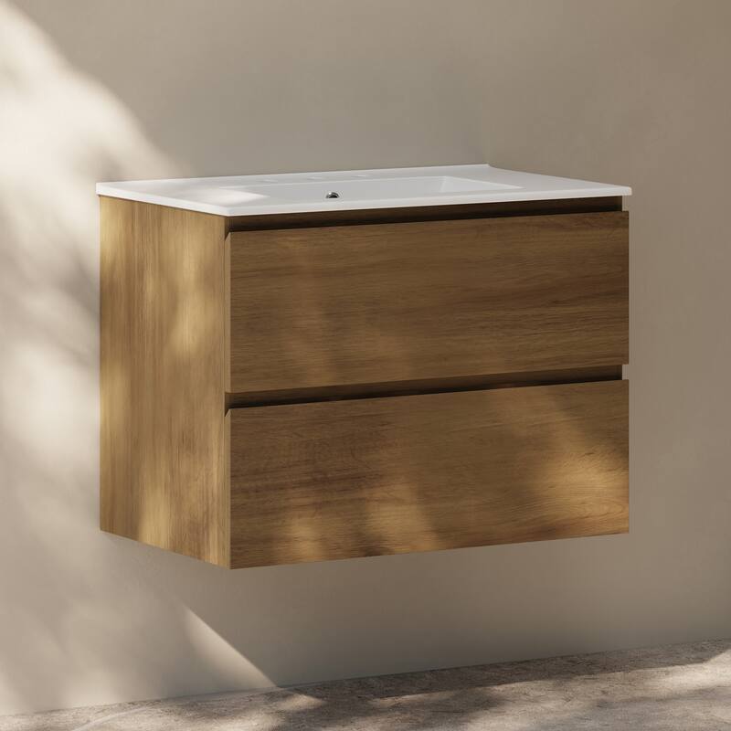 Liberte 30" Wall-Mounted Bathroom Vanity In Brown Oak With 3-Hole Widespread Sink Top - 30