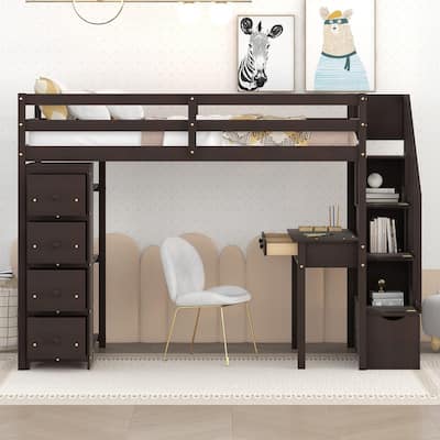 Twin Loft Bed with Desk, Shelves and 4 Drawers, Space-Saving Loft Bed with Stairs, Safety Rails, Guardrail and Pine Wood Frame