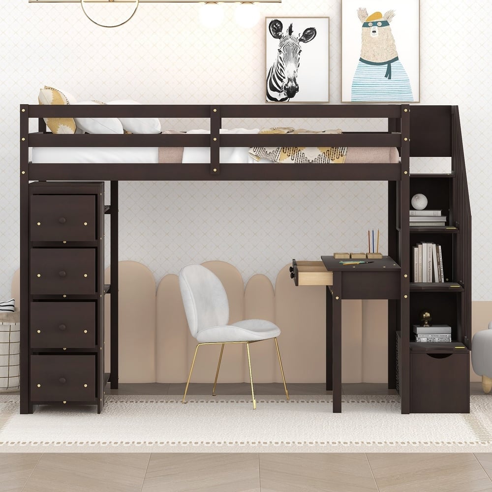 Wooden Twin Size Loft Bed with Drawers and Desk, Solid Pinewood High Loftbed Frame with Storage Stairs and Safety Guardrail