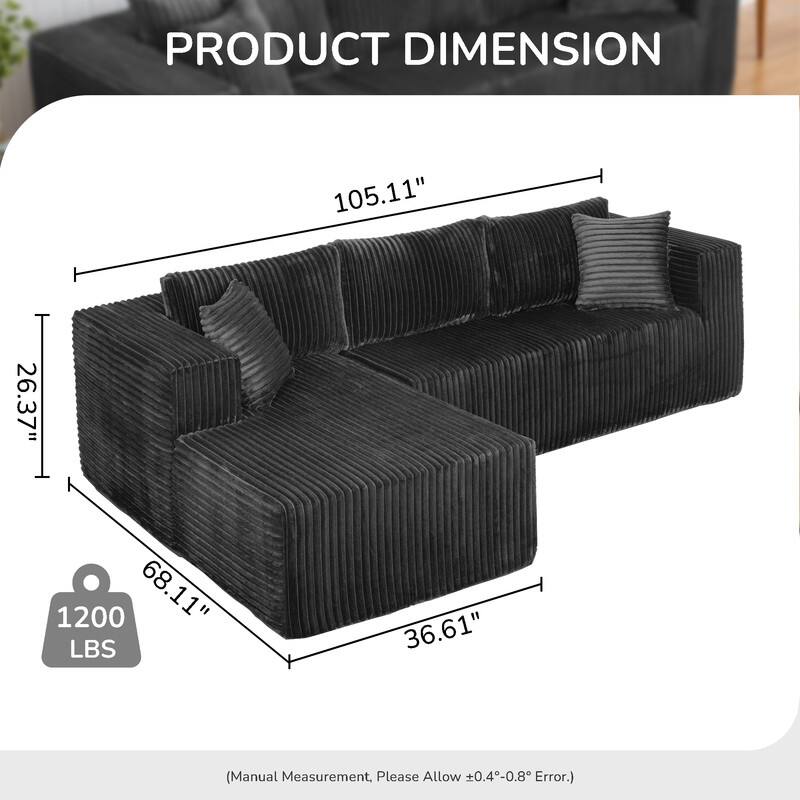 105-in L Casual Black( Corduroy)-Right Chaise Sectional