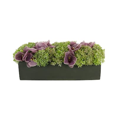 Orchid and Snowball Hydrangea Arrangement in a Fiberstone Planter - Purple, Green, Gray