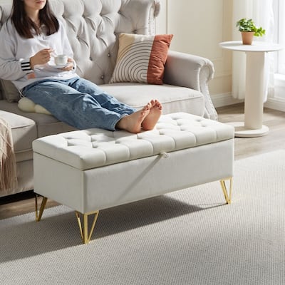 Beige Velvet Upholstered Storage Ottoman Bench - High-Density Sponge, Sturdy Legs