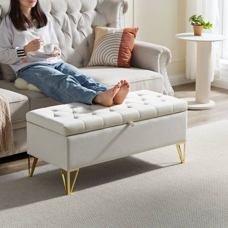 Rectangular Velvet Storage Ottoman - Sturdy Frame, Easy Leg Installation - Beige