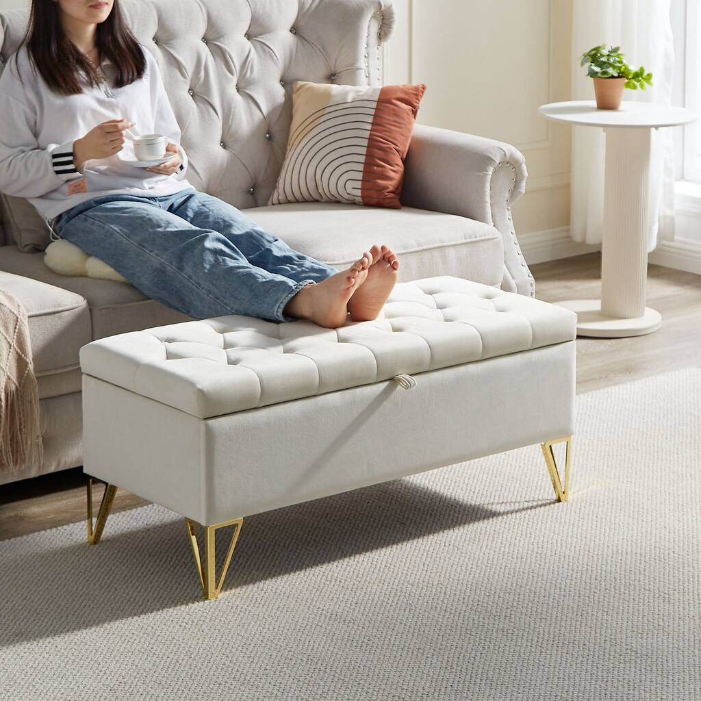 Rectangular Velvet Storage Ottoman - Sturdy Frame, Easy Leg Installation