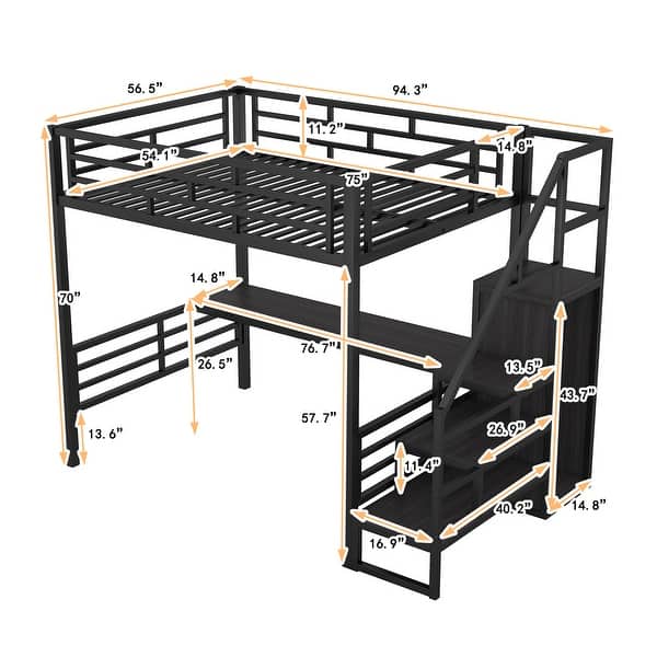 dimension image slide 1 of 2, Full Metal Loft Bed with Desk, Storage Stairs, and Wardrobe