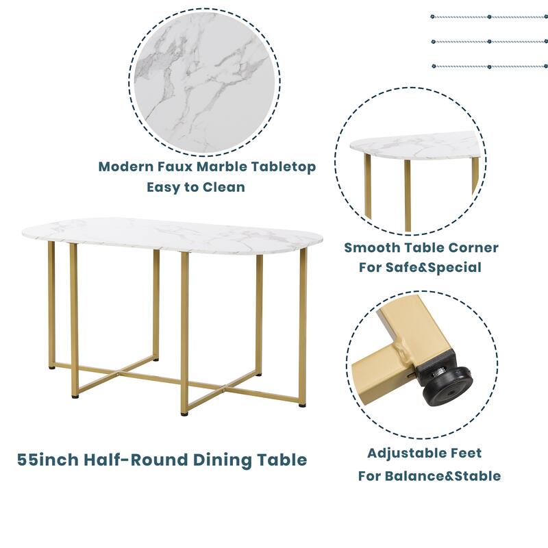 7-Piece Compact Dining Set for 6 with Faux Marble Table and Stylish Metal Frame Chairs, 55-Inch