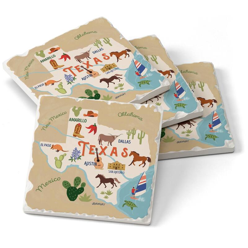 Absorbent Stone Beverage Coasters - Set of 4 - - State Attractions - TX - Multi-51