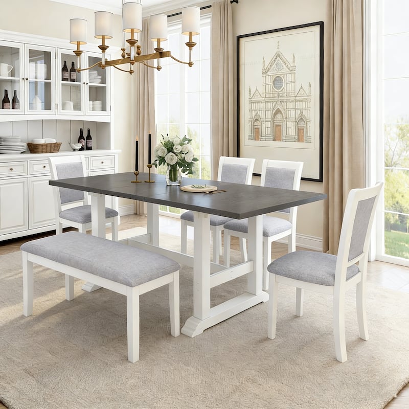 6-Piece Extendable Trestle Dining Table Set with Removable Leaf, Kitchen Set with Upholstered Chairs and Bench